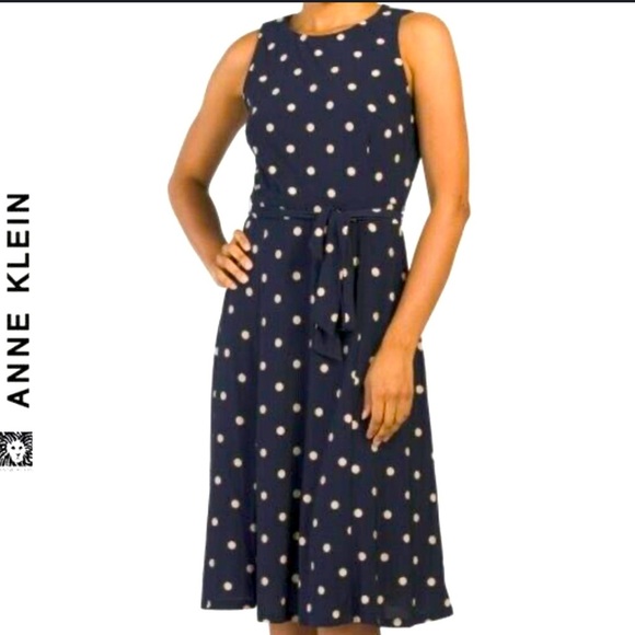 Ann Klein navy blue and white midi dress  polka dot belted stretch nwt - Picture 1 of 13
